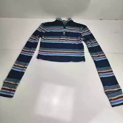 SO Brand Zip Up Collared Neck Long Sleeve Blue Striped Crop Top Women's Size XS • £11.57