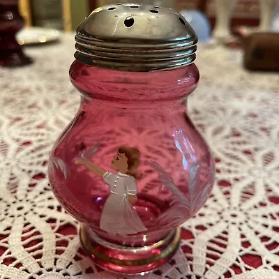 Mary Gregory Fenton Cranberry Glass Sugar Shaker Metal Lid • $52.95