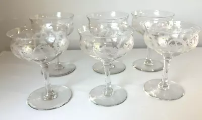 Vtg 1940s Set Of 6 Etched Crystal Wine Champagne Glasses Stemware Beautiful • $32.99
