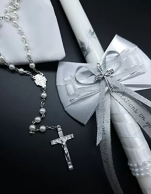 Christening Candle 35 Cm Gift Set. Pearl Rosary With Cross Baptism Gift Church • £25