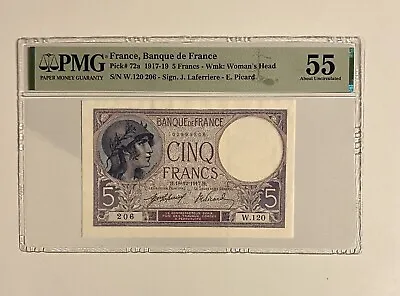 France 5 Francs P-72a 18-12-1917 Women's Head PMG 55 A Unc. FM3 • $159.99