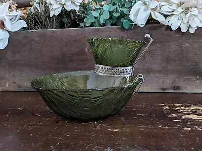 Vintage MCM Indiana Glass Olive Green Basket Weave Chip & Dip Set • $26