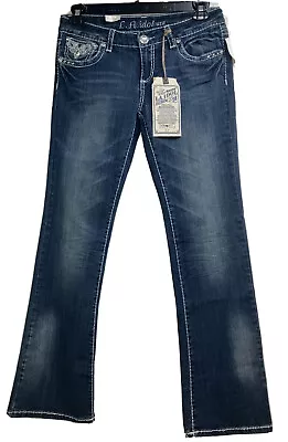 LA. Idol Juniors’ Denim Blue Jeans Sz 11 Straight Leg Rhinestones Embroidery BN • $39.99