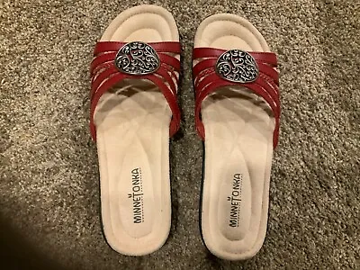 NEW MINNETONKA WOMEN'S RED LEATHER 70205 SANDALS SIZE 9  Free Shipping • $21.95
