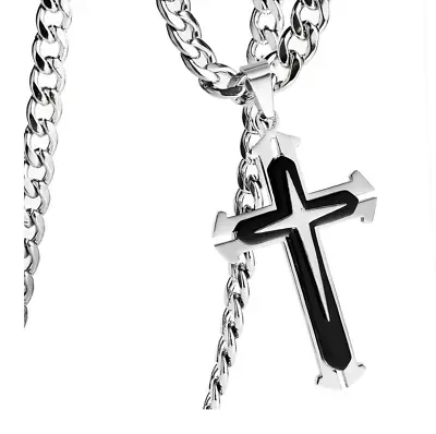 Mens Black Silver Stainless Steel Jesus Cross Pendant Necklace With 20'' Chain • $5.89
