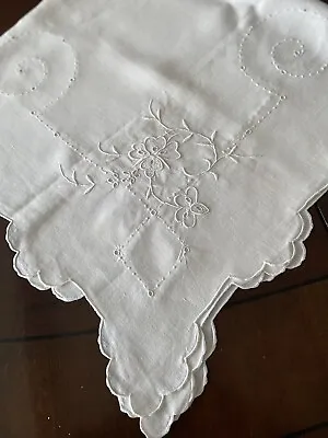 Vintage MADEIRA  Hand Embroidered TABLECLOTH 33  Square ~ White Linen • $25