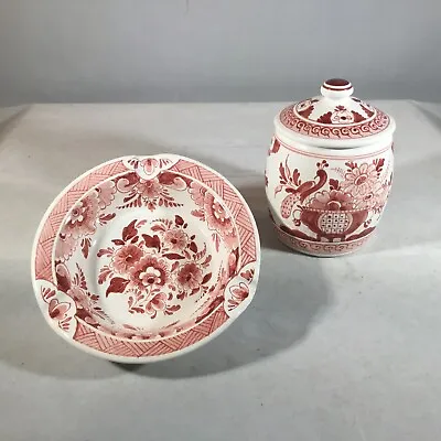 2 Pieces Rare OUD RED DELFT Pottery From Holland: 1 ASHTRAY 1 COVERED JAR • $28