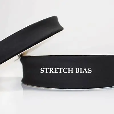 25m Roll Stretch Plain Bias Binding - 30mm - Black 1 - Cotton Fabric Trim Edging • £26.99