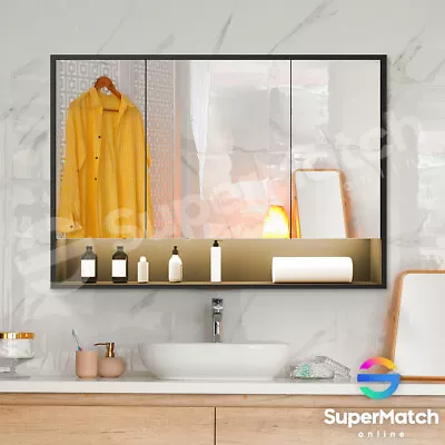 LED Light Bathroom Mirror Cabinet Medicine Shaving Wall Storage Organiser Black • $129.55