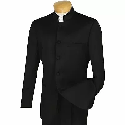 VINCI Men's Black Banded Collar 5 Button Classic Fit Tuxedo Suit NEW • $100