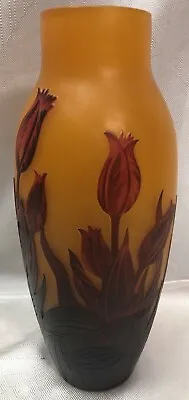 $89.99 • Buy Vintage Emile Galle Reproduction Glass Cameo Cabinet Vase Flowers Orange Red