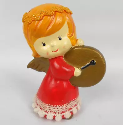 Vintage Christmas Angel Figurine Red Dress Instrument 3 Inch Handmade In Korea • $7.69