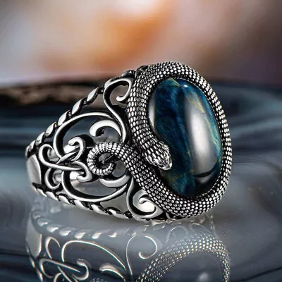 Solid 925 Sterling Silver Snake Figure Blue Tiger's Eye Stone Men's Ring • $79.90