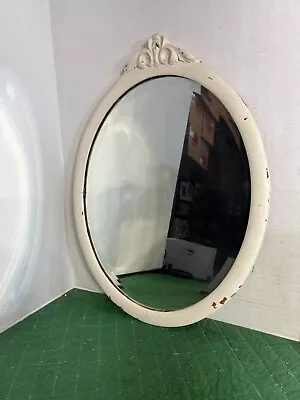 Old Vintage CREAMY WHITE OVAL MIRROR Beveled Wall Mirror/ Plateau GHOSTY 23 3/4” • $86.80