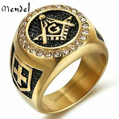 MENDEL Mens Gold Plated Freemason Masonic CZ Ring Stainless Steel Size 7 8 9-15 • $13.99