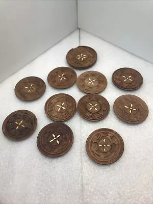 $16.50 • Buy Set Of 10 Vintage Hand Carved Wooden Coasters With Shell Inlay  And Holder