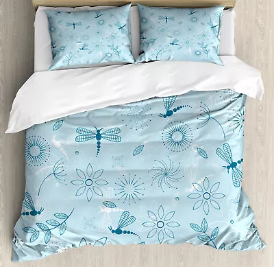 Blue Duvet Cover Set With Pillow Shams Flowers Dandelions Print • £86.77