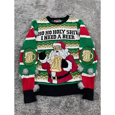 Spencers Ugly Christmas Sweater Mens Small Graphic Light Up Santa Needs A Beer • $48