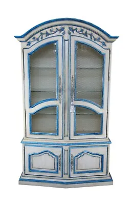 Vintage Italian Provincial Blue Trimmed Oak China Hutch Display Cabinet Vitrine • $2125