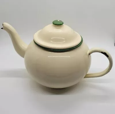 Vintage Cream And Green Enamelware Tea Kettle 8 Cup Stovetop Tea Pot 1940s • £39.54