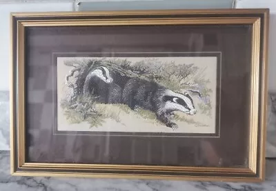 Vintage Woven Silk & Rayon Framed Picture - Meles Meles Badger - J&J Cash LTD  • £7.49