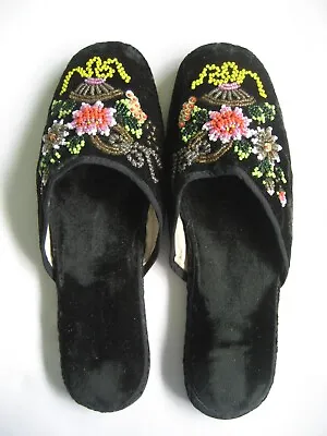 Vintage Made In China Beaded Decorated Black Velvet Slippers Size 5N • $11.99