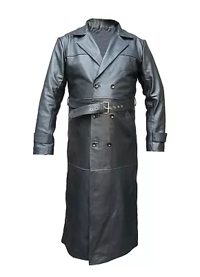 Real Black Leather Trench Coat Full Length Double Breast Jacket For Mens • £103.99