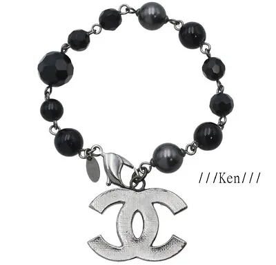 CHANEL Bracelet AUTH Coco Mark CC Chain Siilver Logo Vintage Rare Black Stone FS • $593.99