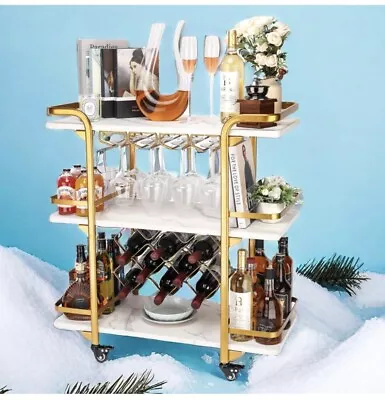 MCM Gold Bar Cart With 3 Tiers For Stylish Storage Marbled Solid Wood Cart • $106.25