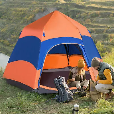 Four Man Hexagon Pop-Up Tent Camping Festival Hiking Shelter Family Orange&Blue • £70.99