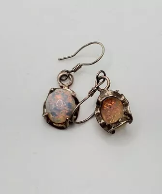 Vintage Hand Made Sterling Silver Oval Fire Opal Dangle Hook Earrings • $30