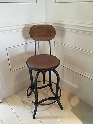 Bar Stool With Back Rest Adjustable Height Metal & Solid Wood • £72.50