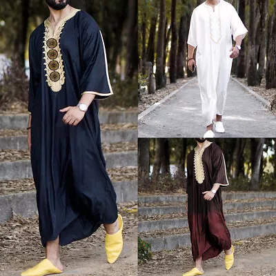 Men's Muslim Print Thobe Long Sleeve Middle East Saudi Arabia Kaftan Arab Dress • $22.87