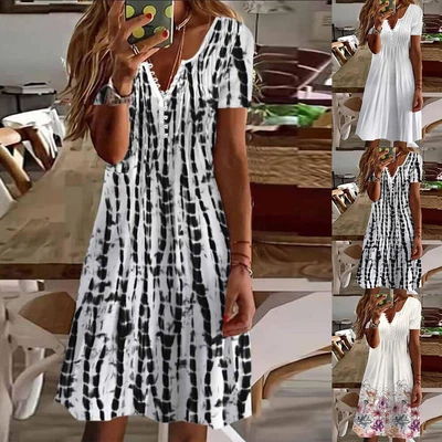 $30.89 • Buy Plus Size Womens V-Neck Short Sleeve Mini Dress Ladies Summer Holiday Sundress