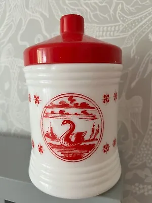 Vintage Storage Jar + Lid Canister Red White Milk Glass/opaline Kitchen Retro • £9