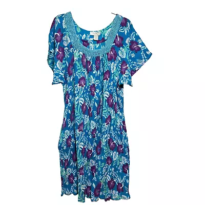 Coral Bay Mumu Dress Size 2X Teal & Purple Floral Gauzy Flowy 100% Cotton • $16.98