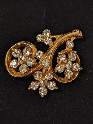 Vintage Gold Tone Flower Bouquet Rhinestone Brooch Pin • $6.99