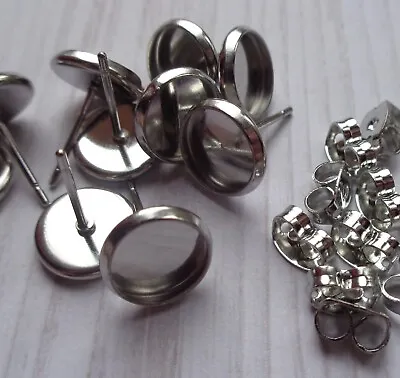 10/20pcs Stainless Steel Stud Earring Blanks - Bezel Tray To Fit 8mm Cabochon • £4.25