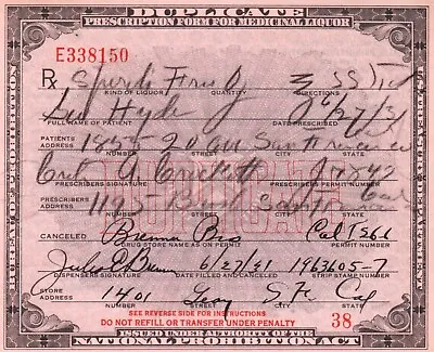 1931 Prohibition Whisky Prescription Doctor Pharmacy Bar San Francisco CA Hyde • $34.94