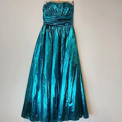 JOHN CHARLES Vintage Size 14 Metallic Aqua Mermaid Strapless Full-Length Gown • $299.99