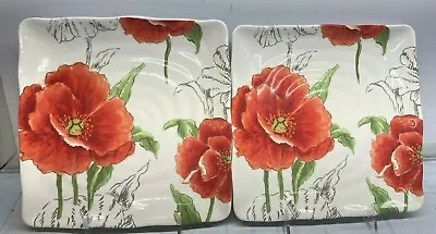 Maxcera 2 Pcs Set Red Poppy Flower Salad Square Plate 85 ” X 85   New Ceramic  • $24.84