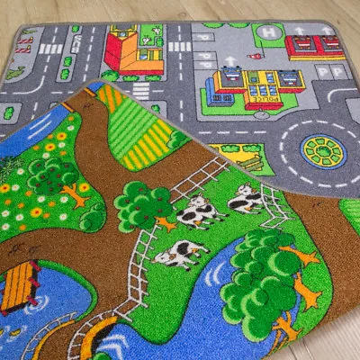 Two Sided Fun Bright Kids Play Rug Road Car Mat Farm Animal Fun Childs Bedroom  • £28.95