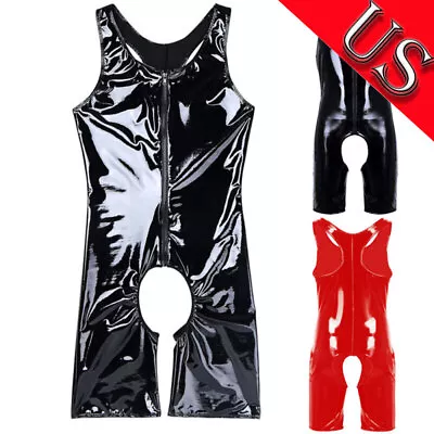 US Men's Wet Look Leather Sleeveless Zipper Crotchless Bodysuit Leotard Clubwear • $18.79