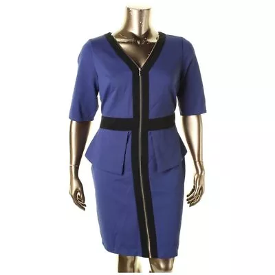 Thalia Sodi Womens Colorblocked Peplum Front Zipper Tartan Blue Dress Brand New • £38