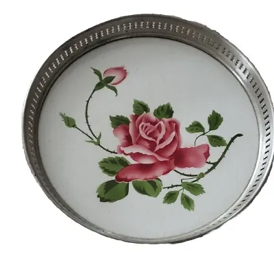 Antique Silver Plate & Porcelain Vanity Tray Roses Dr.1312  6.5  • $14.99