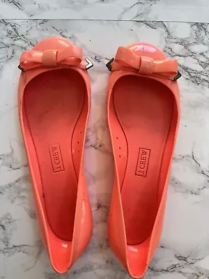 J Crew Womens Rainy Day Rubber Ballet Flats Bright Coral W/ Rubber Bow Size 8 • $16