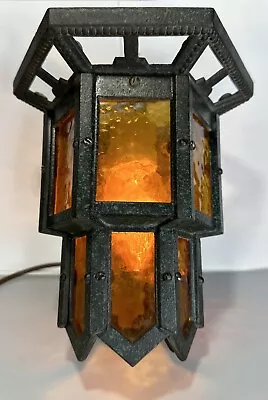 Antique Herwig Arts Crafts Cast Iron Ceiling Light Lamp Amber Glass Skyscraper • $144.99