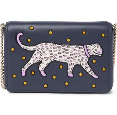 Kate Spade Beaded Panther Crossbody Blue Chain Wallet Leather Slim Bag • $235.93