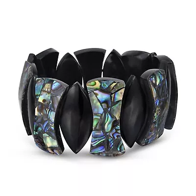 Tropical Chic Abalone Shell And Black Beaded Stretch Fit Bangle Bracelet • $23.99