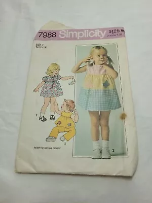 Vtg Simplicity Pattern 7988 Toddler Girls Sz 2 Cut Sundress Or Top & Pants 1977 • $5